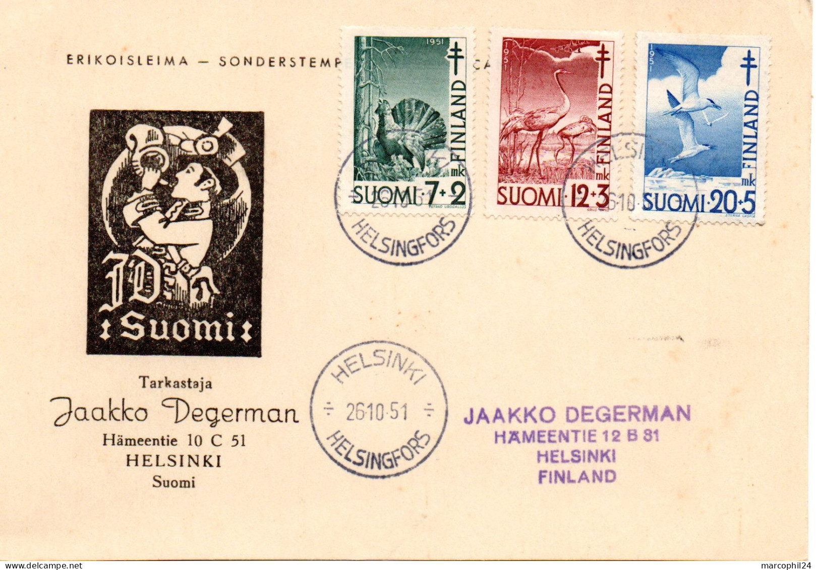 OISEAU / OISEAUX = FINLANDE / HELSINKI + HELSINGFORS 1951 = CACHET FDC / PREMIER JOUR N° 379 - 381 - Werbestempel