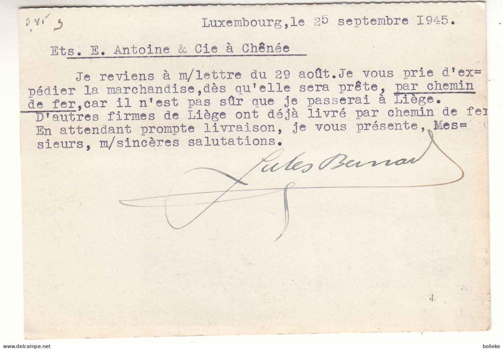 Luxembourg - Carte Postale De 1945 - Oblit Luxembourg - Exp Vers Chenée - - Briefe U. Dokumente