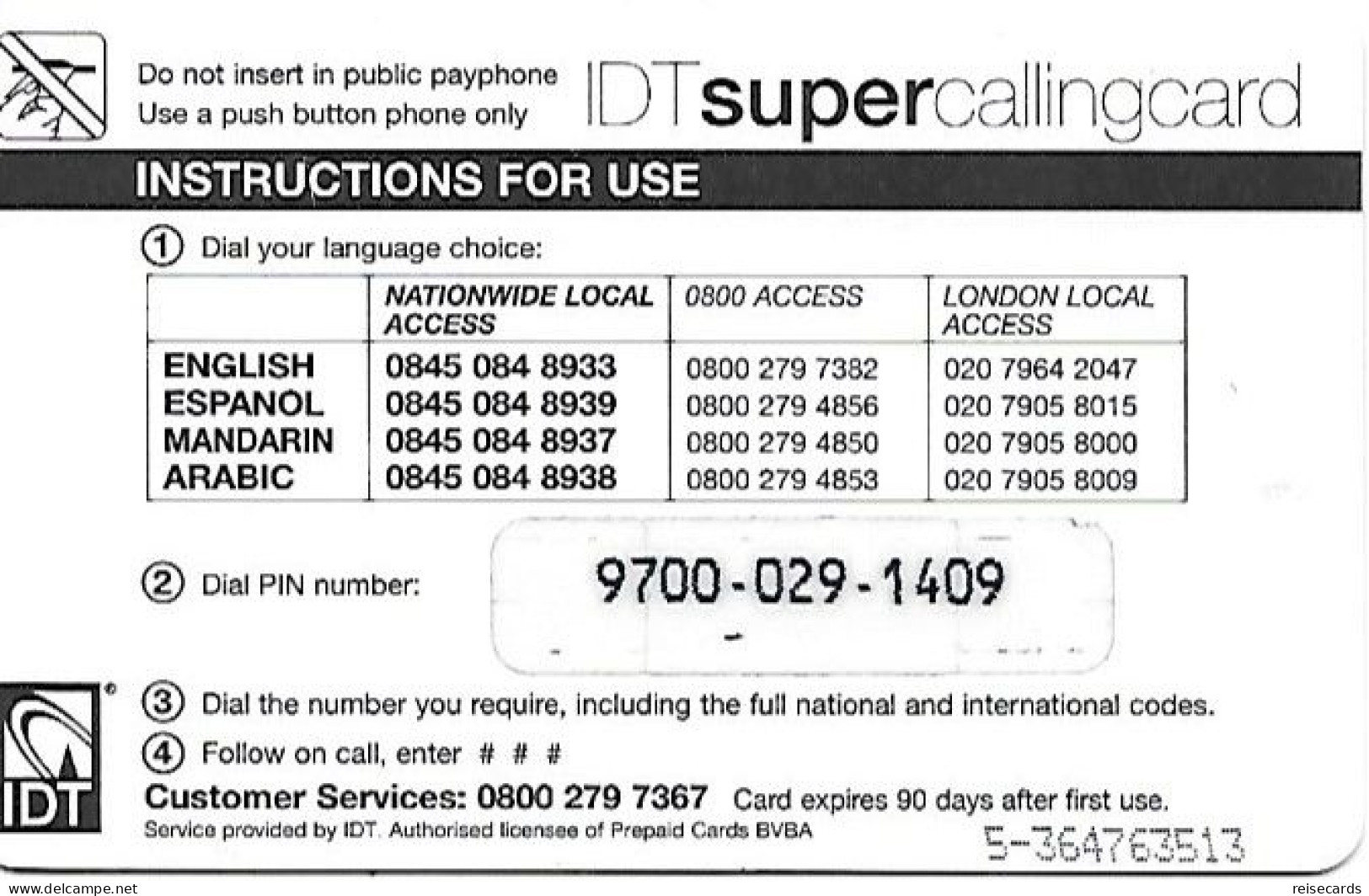 Great Britain: Prepaid IDT - SuperCalling 90 Days - Sonstige & Ohne Zuordnung