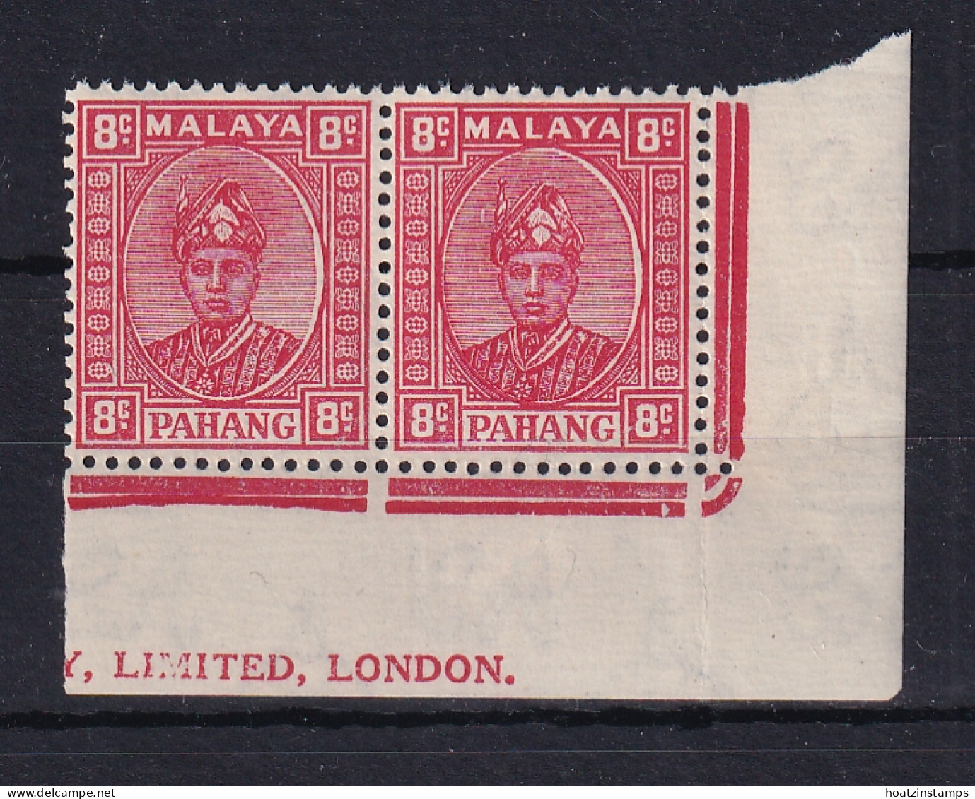 Malaya - Pahang: 1935/41   Sultan Abu Bakar    SG36     8c  Scarlet   MNH Corner Pair - Pahang