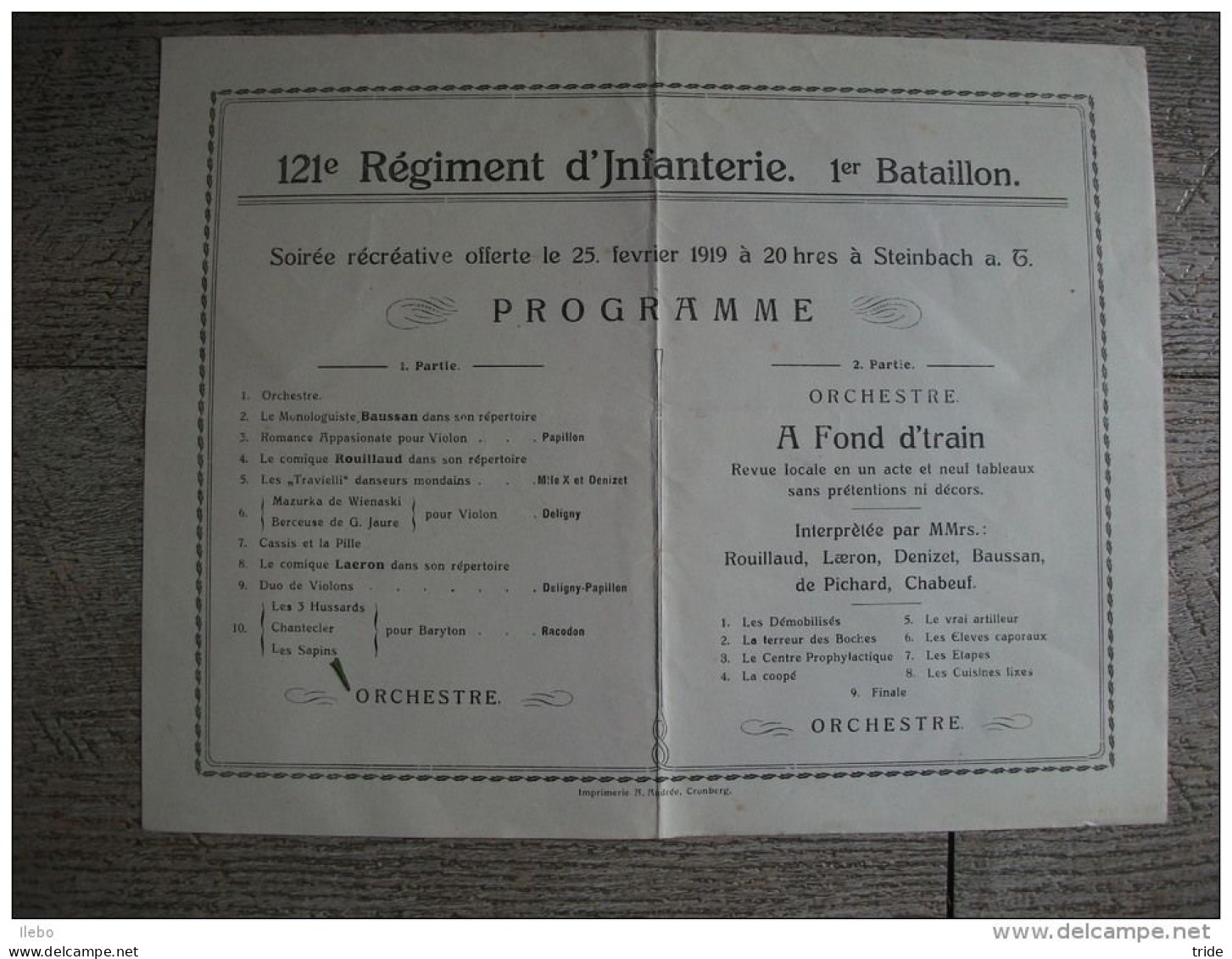 Programme 121 Régiment Infanterie 1 Bataillon 1919 Steinbach Militaire Orchestre - Programmes