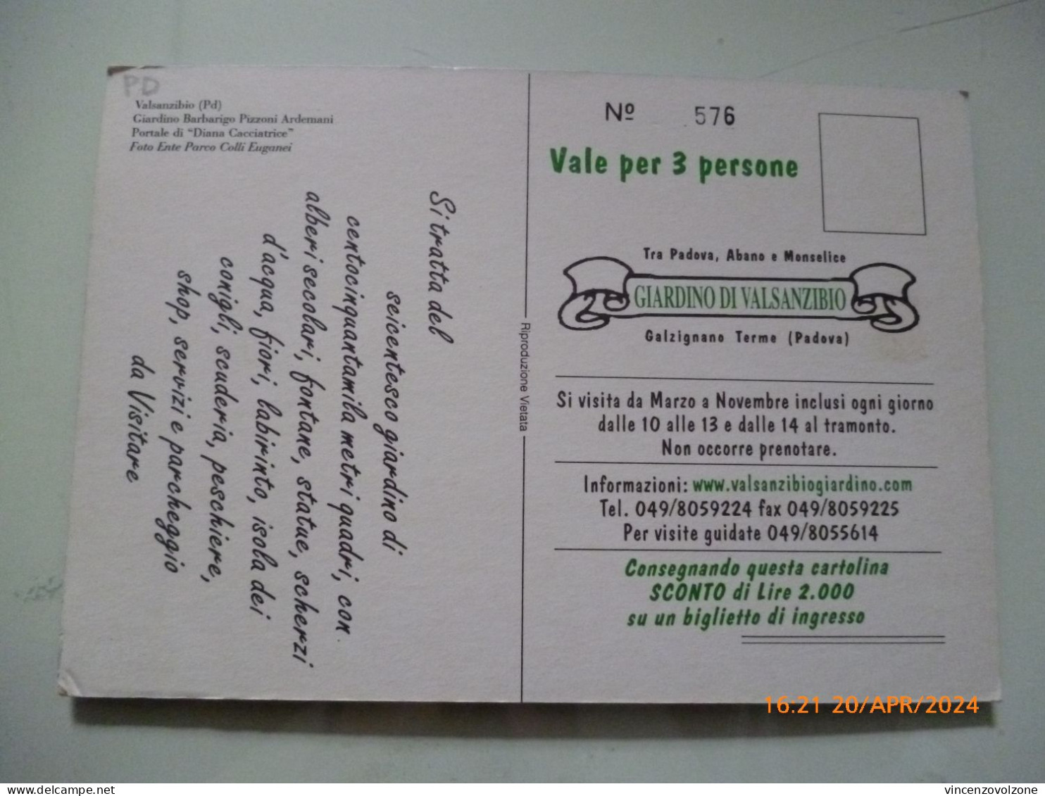 Cartolina "GIARDINO DI VALSANZIBIO" - Advertising