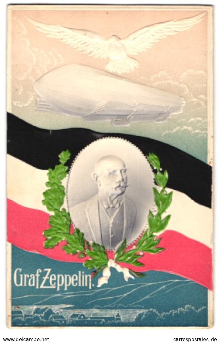 Airbrush-AK Konterfei Von Graf Zeppelin Mit Luftzschiff Und Taube  - Zeppeline