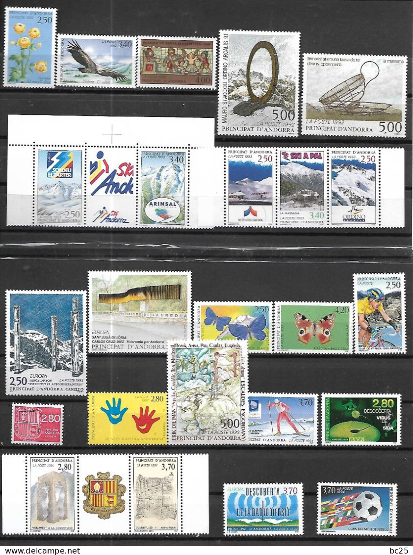 ANDORRE -24 SUPERBES  TIMBRES NEUFS * * AVEC 5 TRIPTYQUES- SERIES COMPLETES-DE 1992-94- 2 SCANS - Unused Stamps