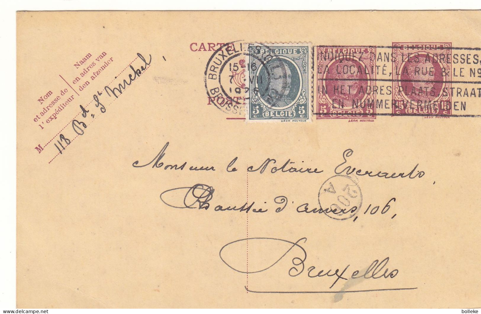 Belgique - Carte Postale De 1926 - Entier Postal - Oblit Bruxelles - Exp Vers Bruxelles -  Type Houyoux - - Storia Postale