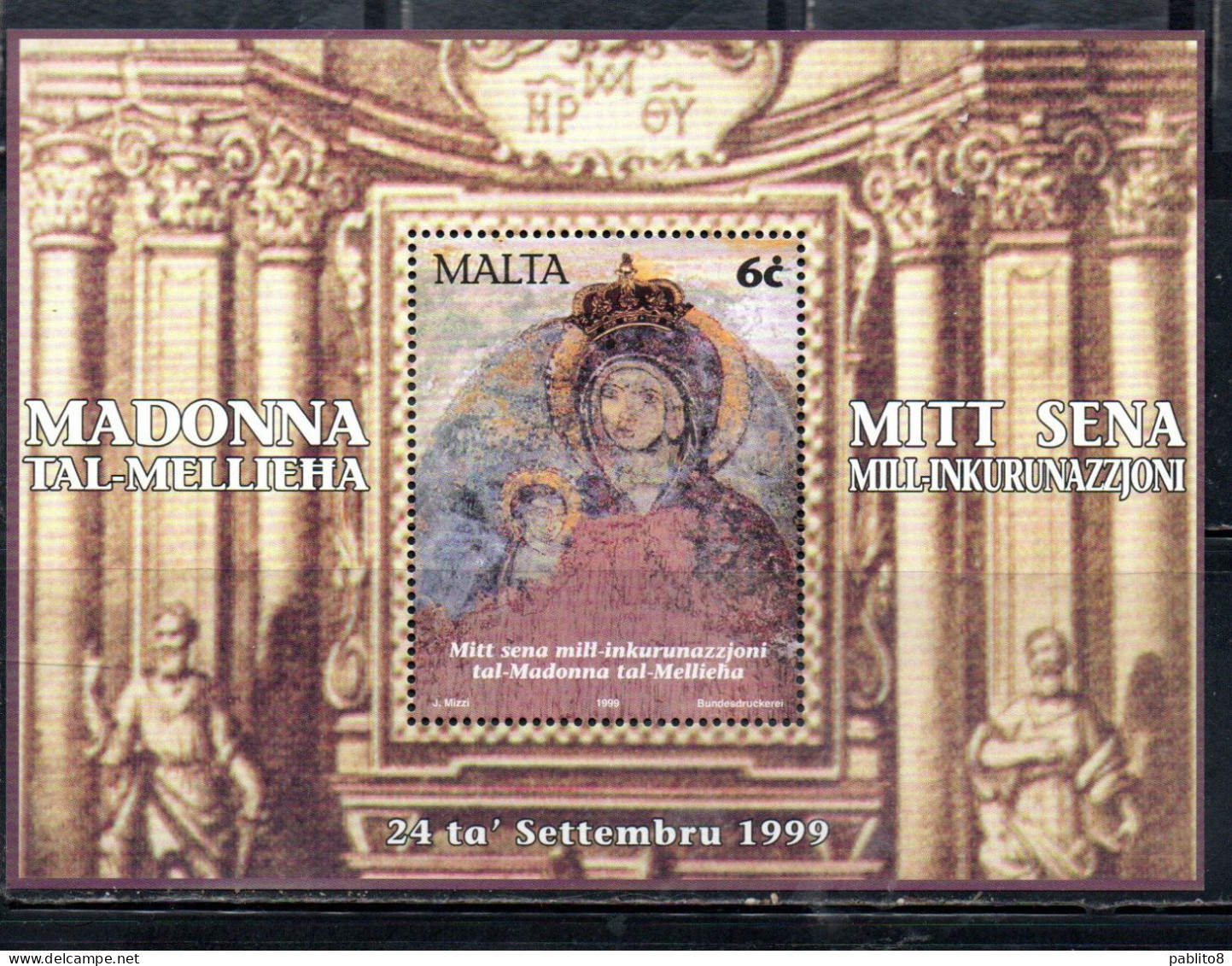 MALTA 1999 CROWNED OF OUR LADY MADONNA MELLIEHA CENTENARY BLOCK SHEET 6c MNH - Malte