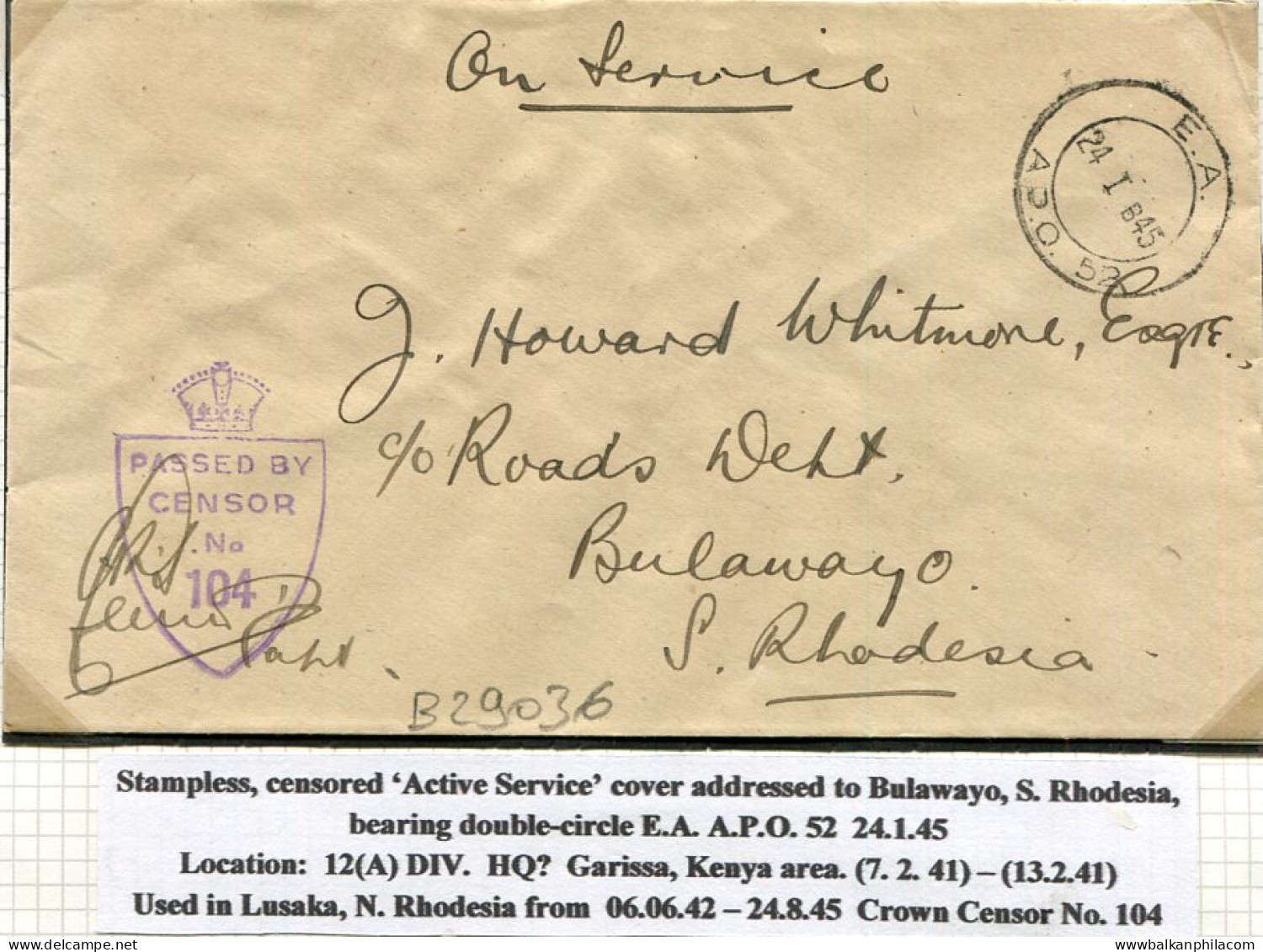1945 Rhodesia Censored EA APO52 OAS Cover To Bulawayo - Sonstige & Ohne Zuordnung
