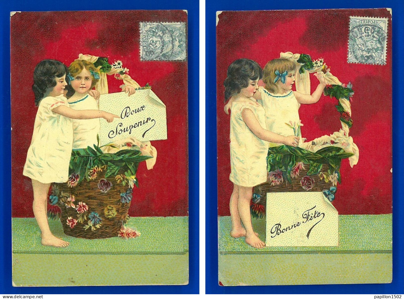 Enfants-262Ph66  Série De 4 Cpa, Enfants Avec Un Gros Panier De Fleurs, Doux Souvenir, Bonne Fête, Joie, Je T'aime - Collections, Lots & Séries