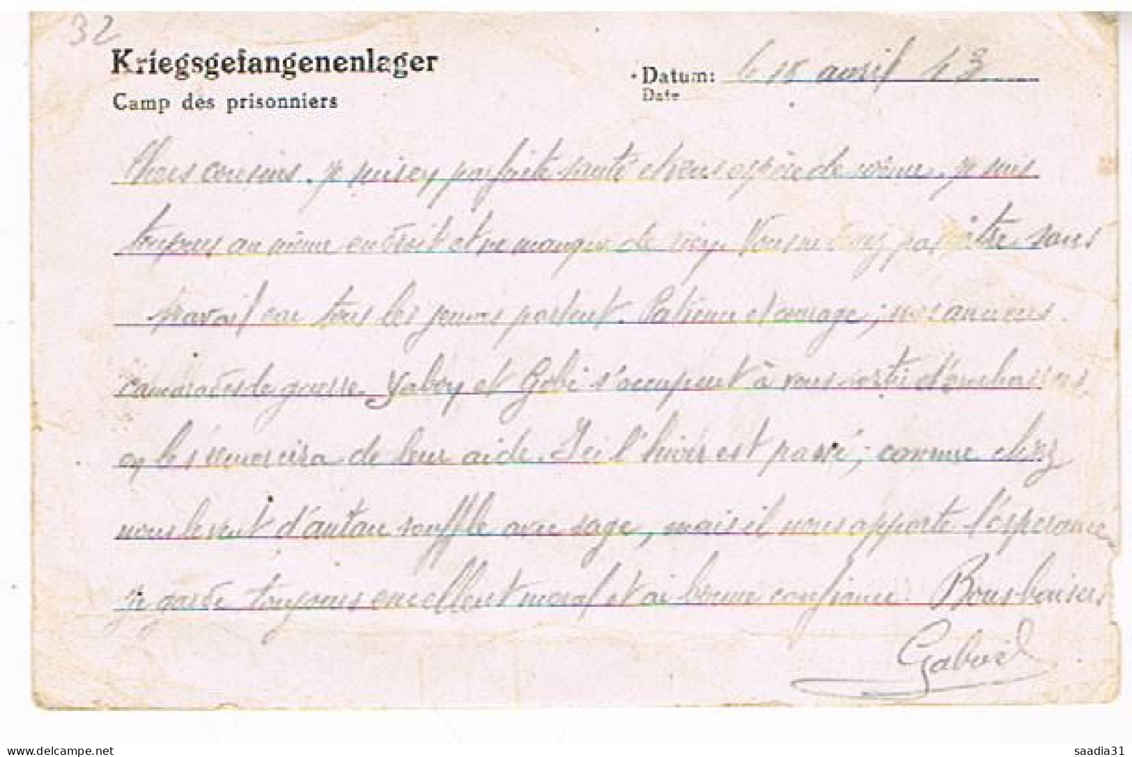 32  FLEURANCE 1943 LETTRE DE PRISONNIER DE DAVASSE AUGUSTIN - Fleurance