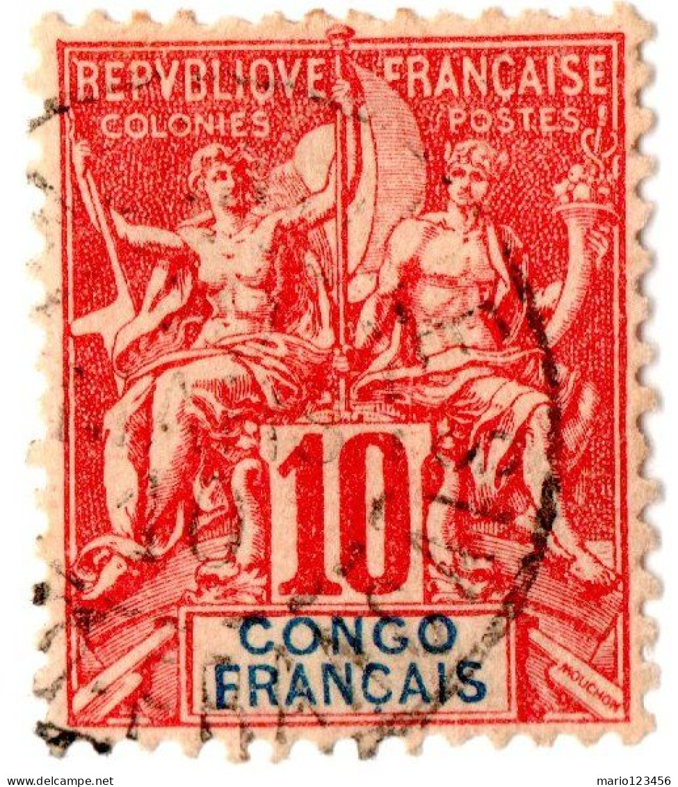 CONGO FRANCESE, FRENCH CONGO, TIPO “GROUPE”, 10 C., 1900, FRANCOBOLLI USATI Scott:FR-CG 23, Yt:FR-CG 42 - Oblitérés