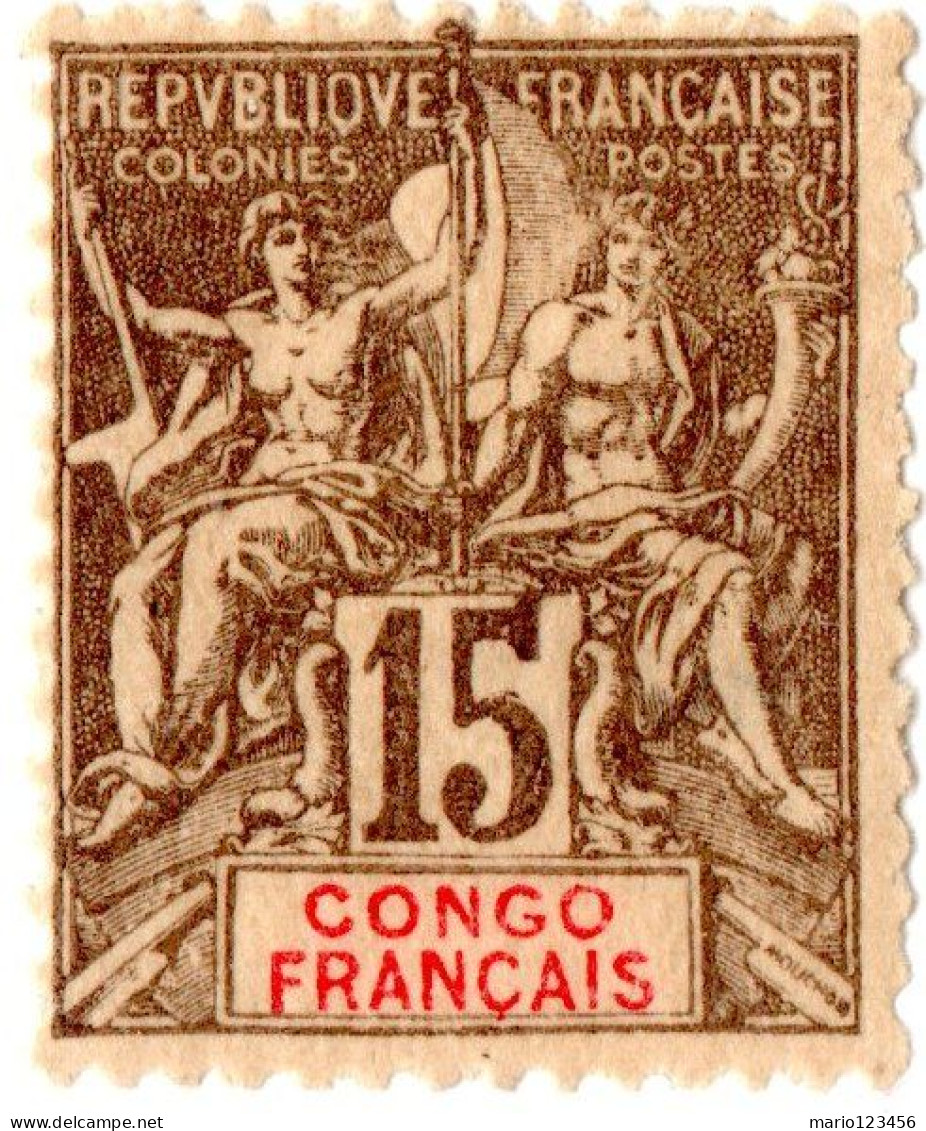 CONGO FRANCESE, FRENCH CONGO, TIPO “GROUPE”, 15 C., 1900, FRANCOBOLLI NUOVI (MLH*) Scott:FR-CG 25, Yt:FR-CG 43 - Gebruikt