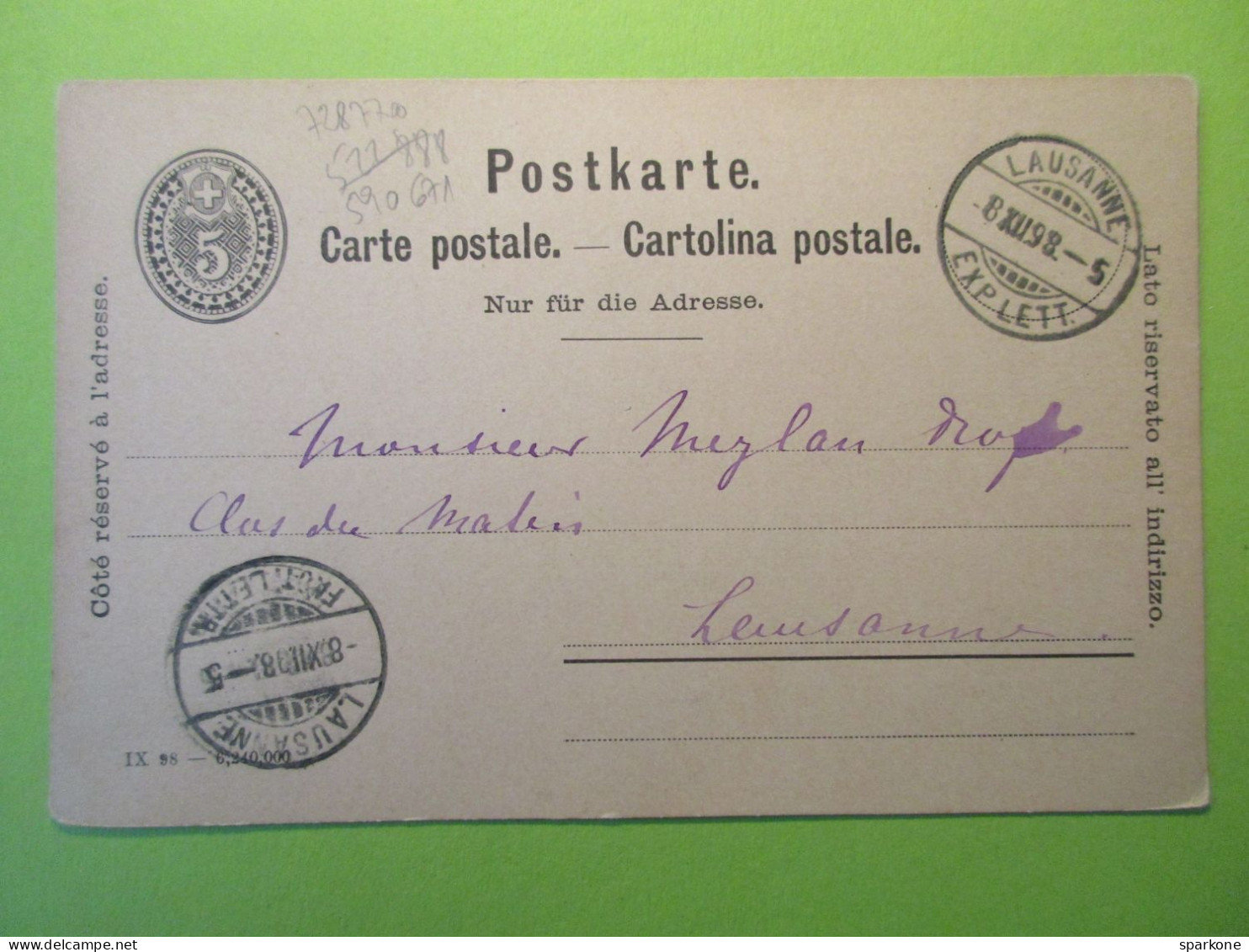 Helvetia - Suisse Entier Postal De 1898 - Entiers Postaux