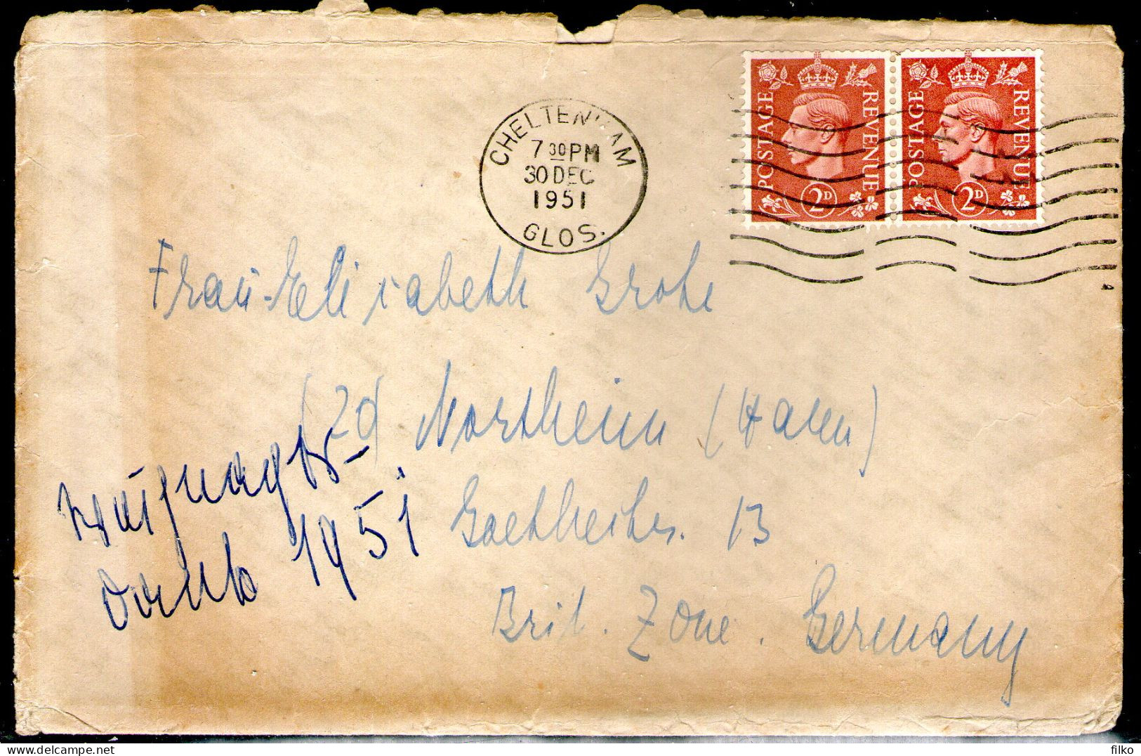 Great Britain,letter Cancel:Cheltenham,30.12.1951,sent To British Zone In Germany ,as Scan - Brieven En Documenten