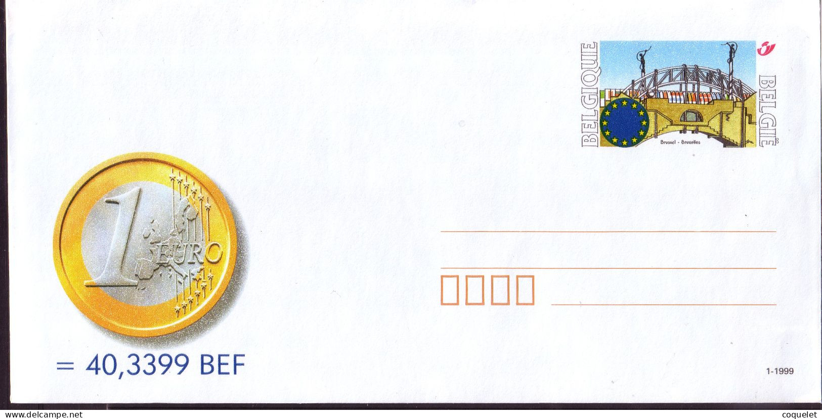 Belgique - Entiers Postaux - Enveloppes - Introduction De L'EURO -pont De La Rue BELLIARD à Bruxelles émis 4 Octobre 99 - Monedas