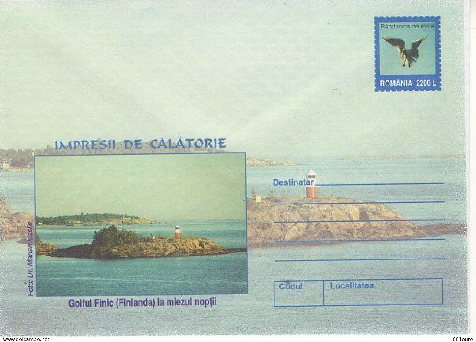 ROMANIA 011x2001: BIRD, LIGHTHOUSE, ISLAND, FINNLANDA, Unused Prepaid Postal Stationery Cover - Registered Shipping! - Interi Postali