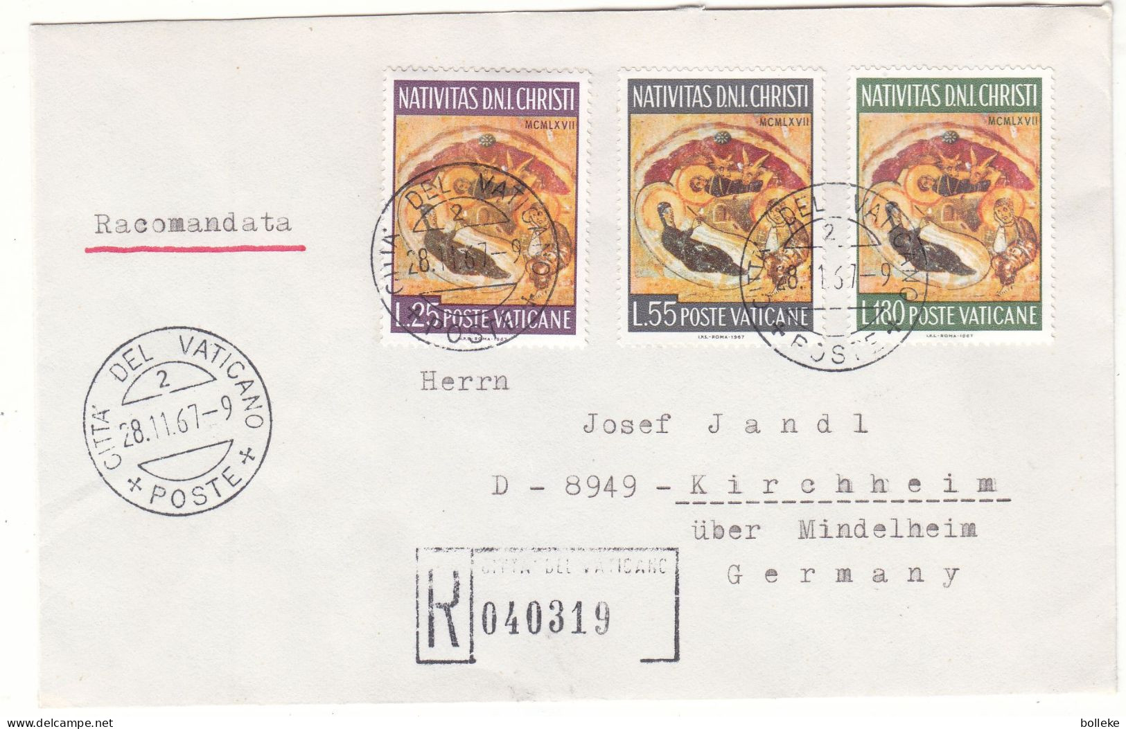 Vatican - Lettre Recom De 1967 - Oblit Citta Del Vaticano - Exp Vers Kirchheim - - Storia Postale