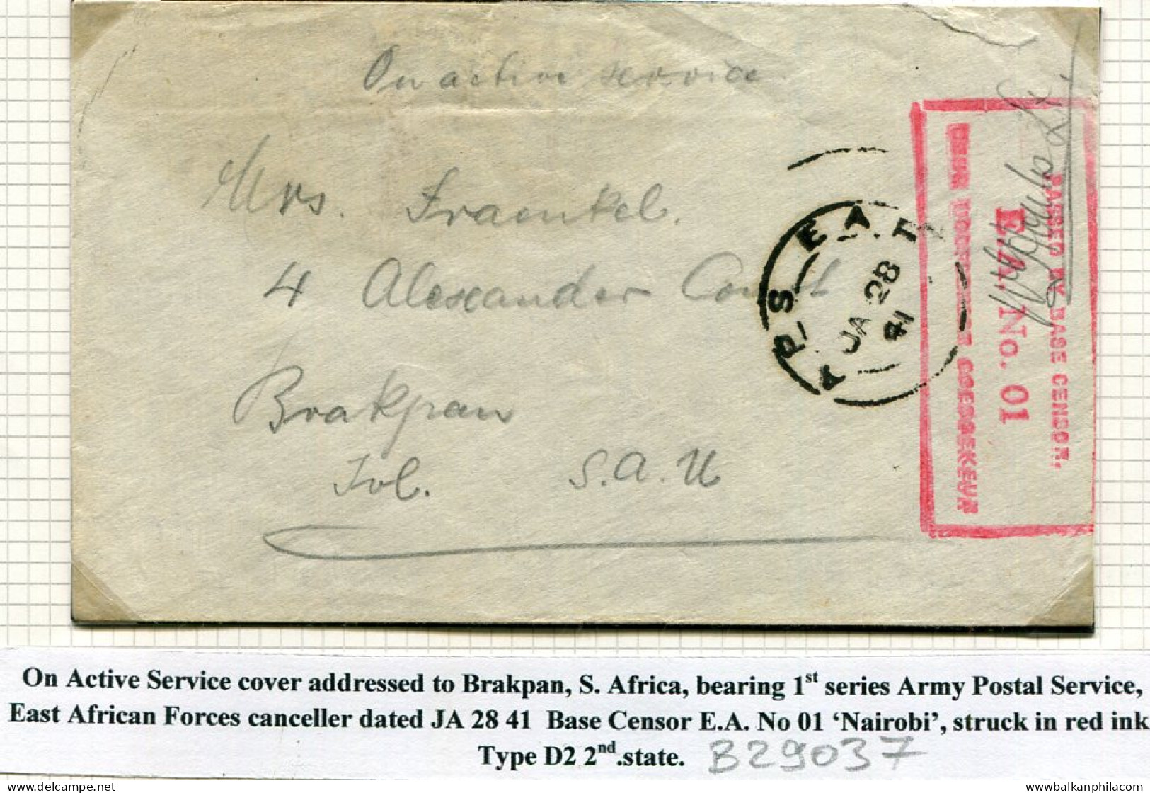 1941 East African Force Censored OAS Cover To Brakpan - Kenya, Uganda & Tanganyika