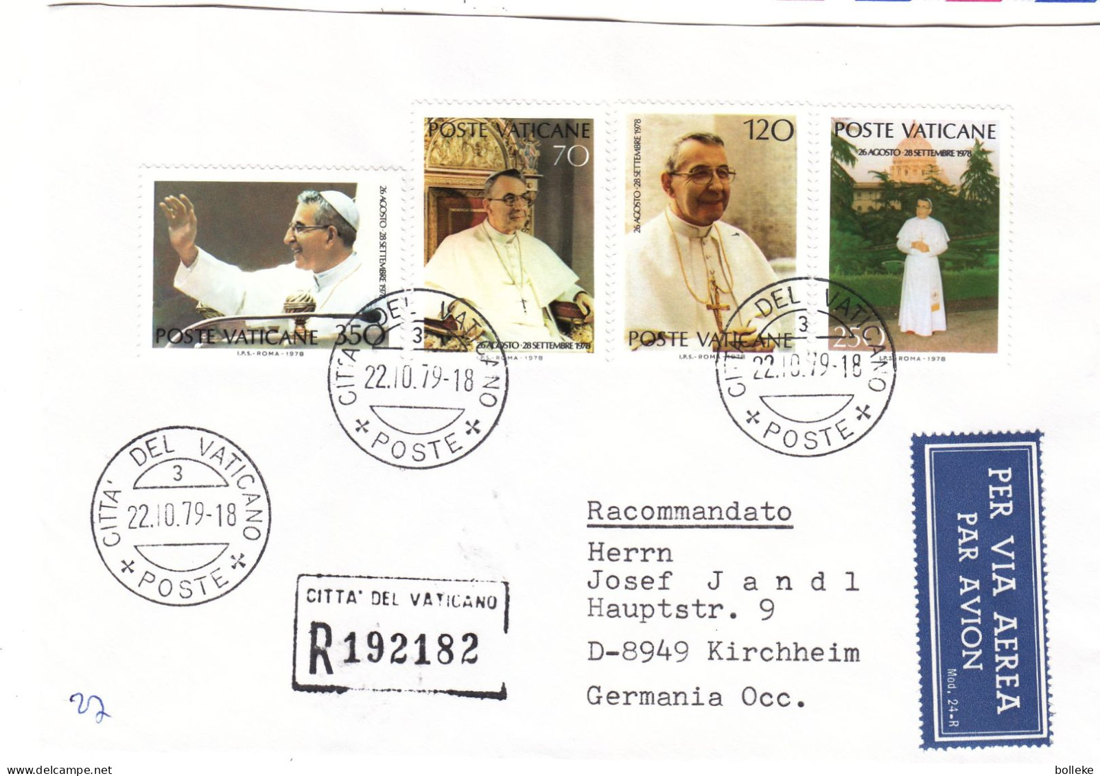 Vatican - Lettre Recom De 1979 - Oblit Citta Del Vaticano - Papes - - Covers & Documents