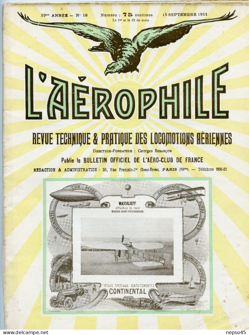 L'aérophile.Revue Tecnique & Pratique Locomotions Aériennes.1911.publie Le Bulletin Officiel De L'Aéro-Club De France. - Francés