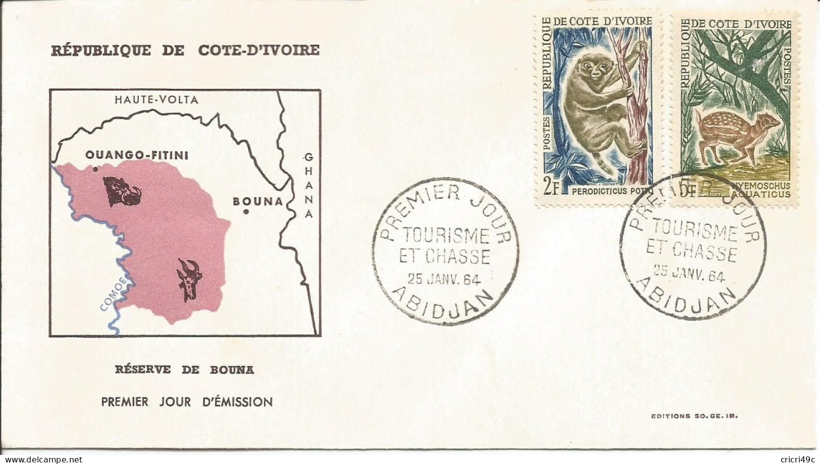 Côte D'Ivoire  FDC 1er Jour 1964  Tourisme Et Chasse   N°Y&T  212 Et 214 - Ivoorkust (1960-...)