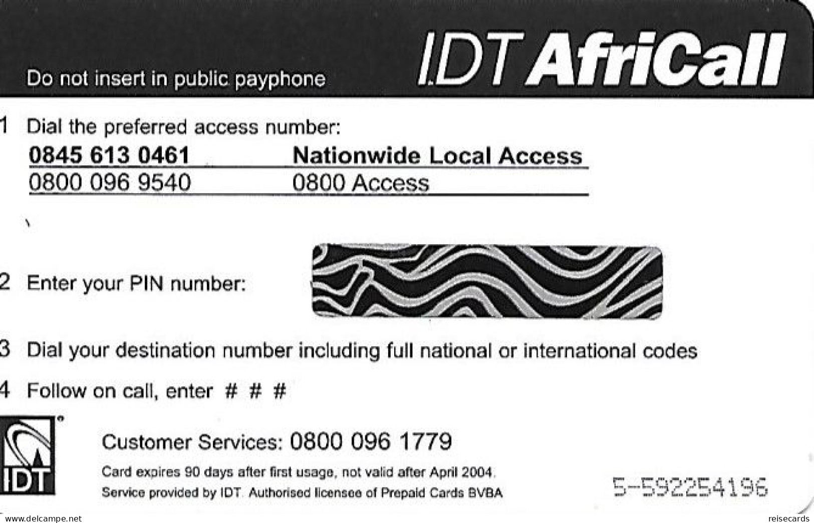 Great Britain: Prepaid IDT - AfriCall 04.04 Custemer Service 096 1779 - Autres & Non Classés