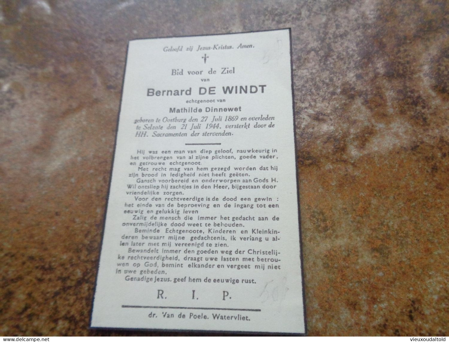 --Doodsprentje/Bidprentje Bernard DE WINDT   Oostburg 1869-1944 Selzate  (Echtg Mathilde Dinnewet) - Religion & Esotérisme