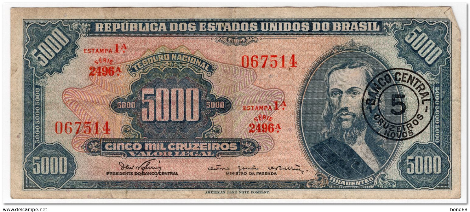 BRAZIL,5 CRUZEIROS NOVOS ON 5000 CRUZEIROS,1966-67,P.188b,aVF - Brasilien