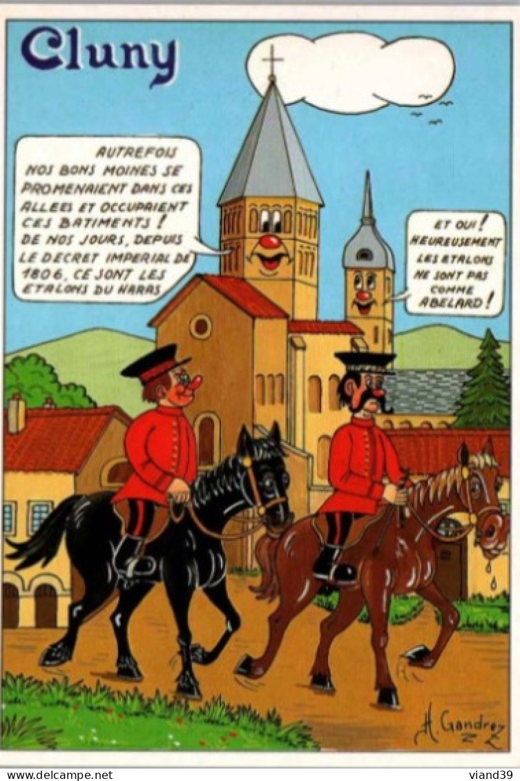 Humour à La Carte. Cluny. :  " Le Haras Qui Rit."  Confidence Entre Deux Clochers. Dessin De Henri Gandrez. - Humour