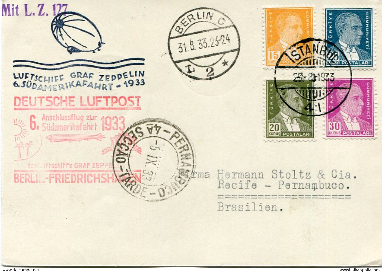 1933 Turkey 6th South America Zeppelin 9 Flown - Storia Postale