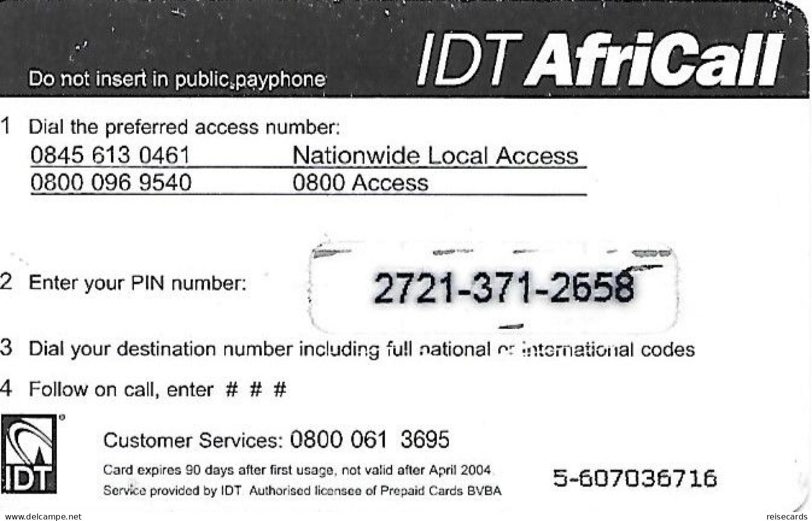 Great Britain: Prepaid IDT - AfriCall 04.04 Custemer Service 061 3695 - Altri & Non Classificati