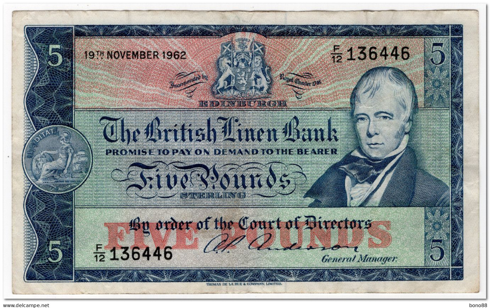 SCOTLAND,THE BRITISH LINEN BANK,5 POUNDS,1962,P.167, NOT LISTED DATE 19.11 1962,aVF - 5 Pond