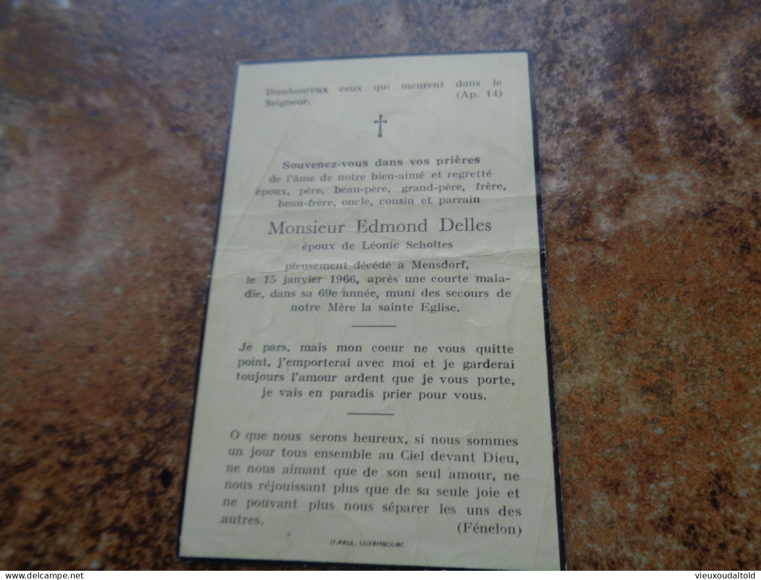 --Doodsprentje/Bidprentje Edmond Delles   69ans † 1966 à Mensdorf   (ép Léonie Scholtes) - Religión & Esoterismo