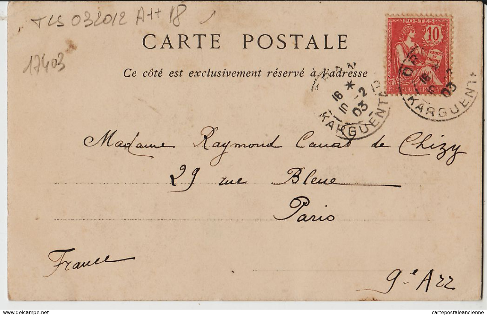 21760 / ⭐ De Karguentah 1903 ORAN Comptoir De Change RUE De GENES à Raymond CANAT De CHIZY 29 Rue Bleue Paris Algérie  - Oran
