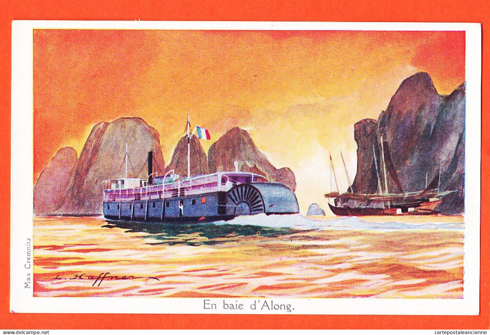 21581 / ⭐ Bateau Roue à Aube En Baie D' ALONG 1930s Par HAFFNER Max CREMNITZ Cpbat Ligue Maritime Coloniale - Veerboten