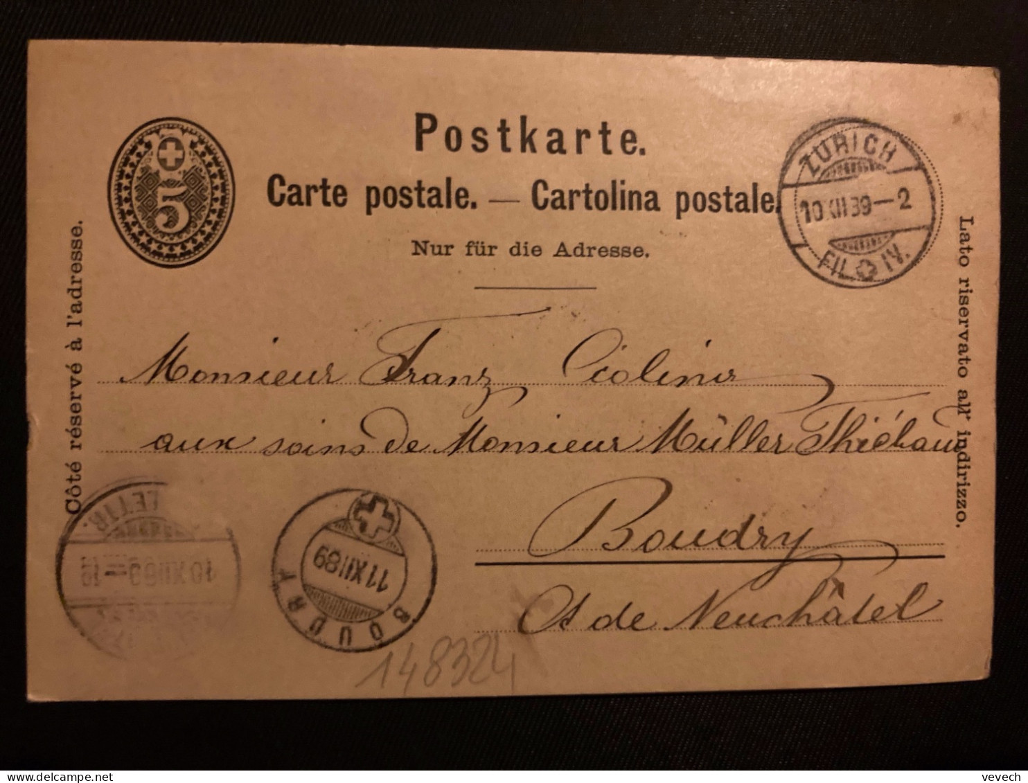 CP EP 5 OBL.10 XII 89 ZURICH + NEUCHATEL + BOUVRY - Postmark Collection