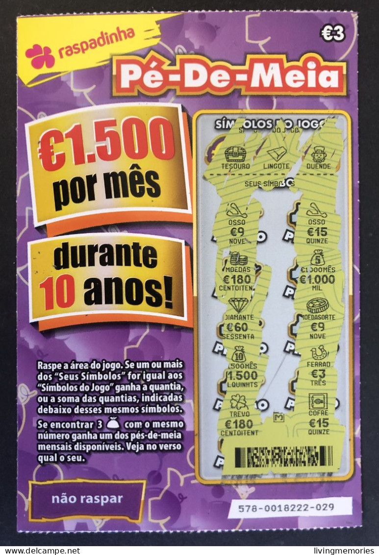 116 X, Lottery Tickets, Portugal, « Raspadinha », « Instant Lottery », « Pé-de-Meia », Nº 578 - Billetes De Lotería