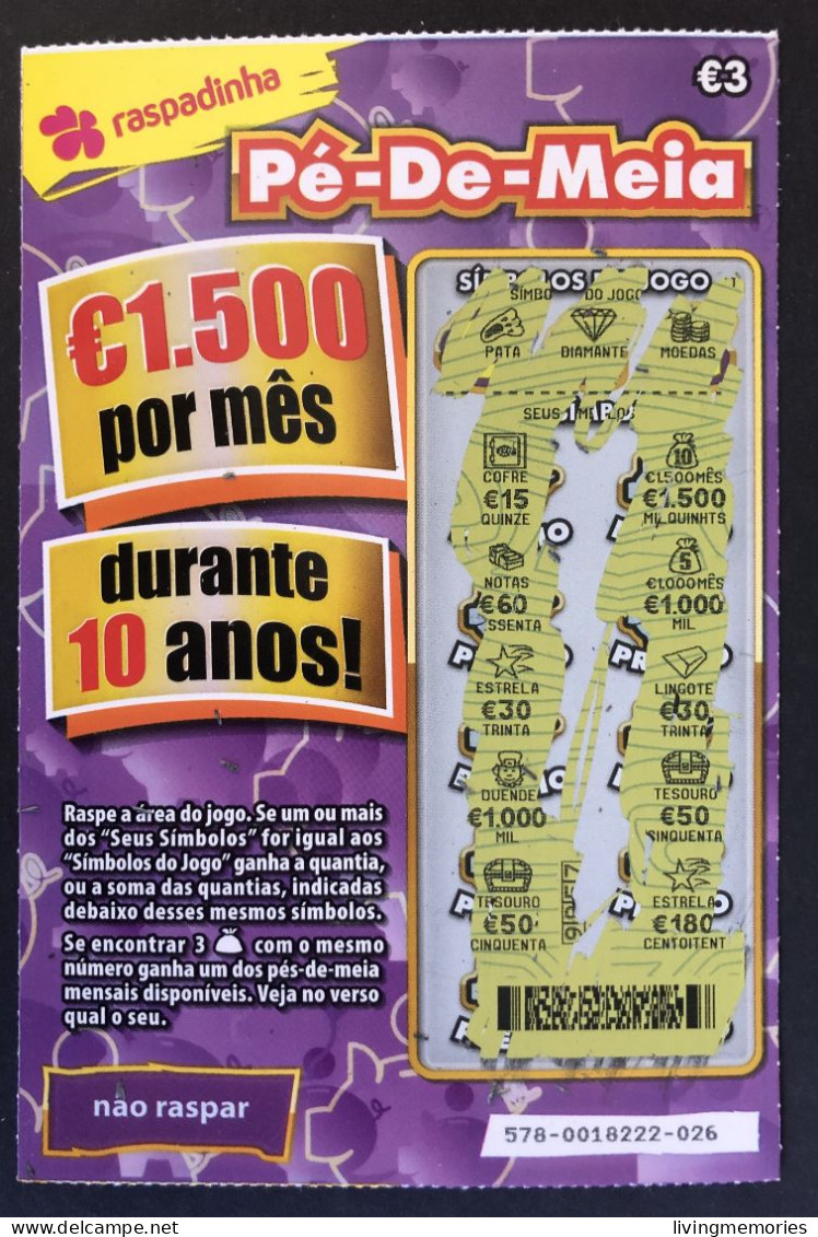 116 X, Lottery Tickets, Portugal, « Raspadinha », « Instant Lottery », « Pé-de-Meia », Nº 578 - Billets De Loterie