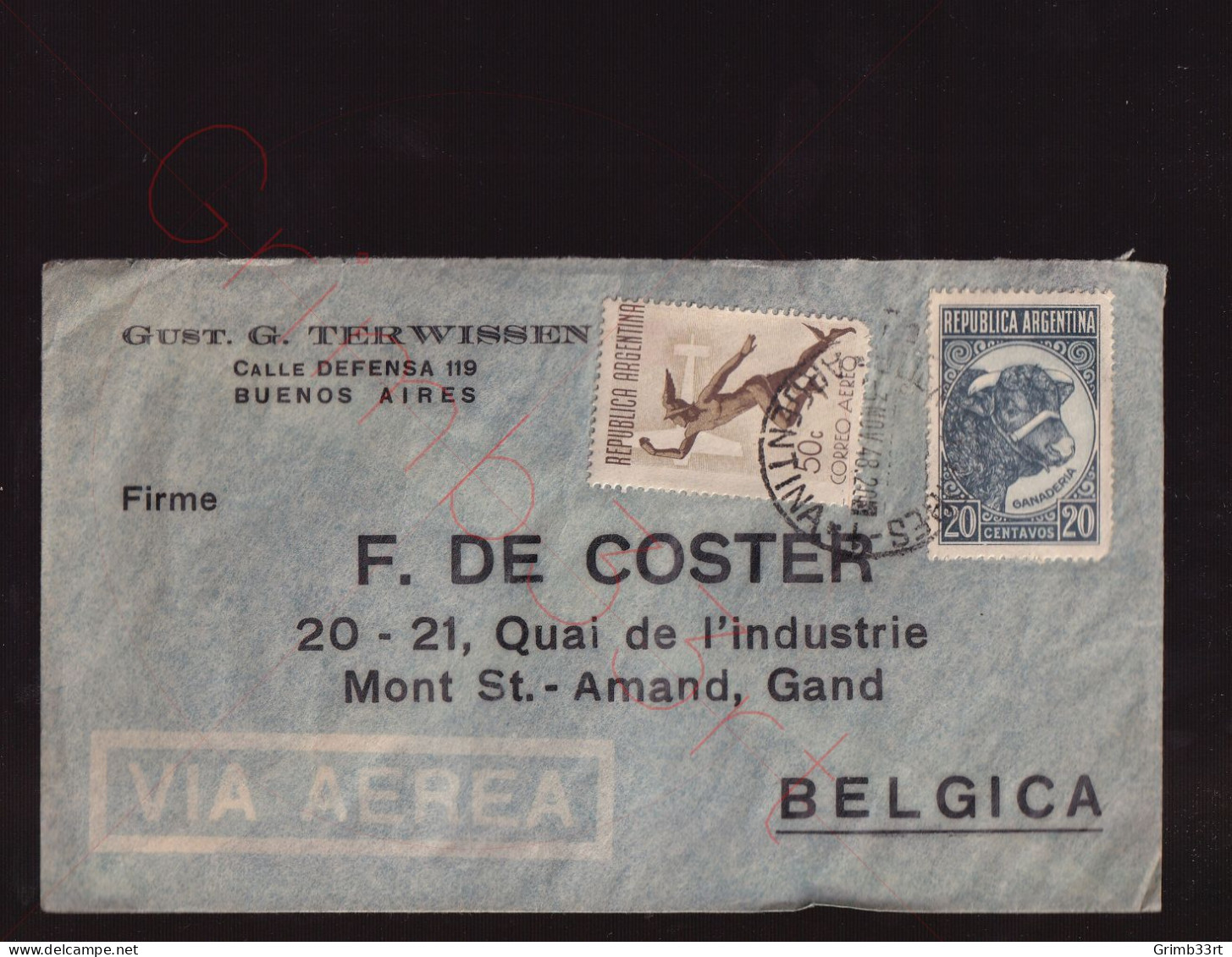 Argentinië - Via Aerea Van Buenos Aires Naar Firme F. De Coster, Gand, Belgica - 1948 - Briefe U. Dokumente