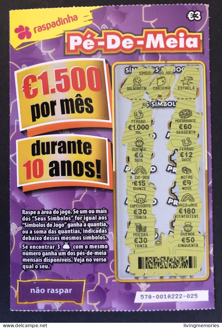 116 X, Lottery Tickets, Portugal, « Raspadinha », « Instant Lottery », « Pé-de-Meia », Nº 578 - Billets De Loterie