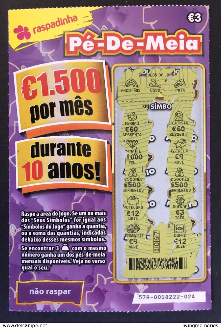 116 X, Lottery Tickets, Portugal, « Raspadinha », « Instant Lottery », « Pé-de-Meia », Nº 578 - Billets De Loterie