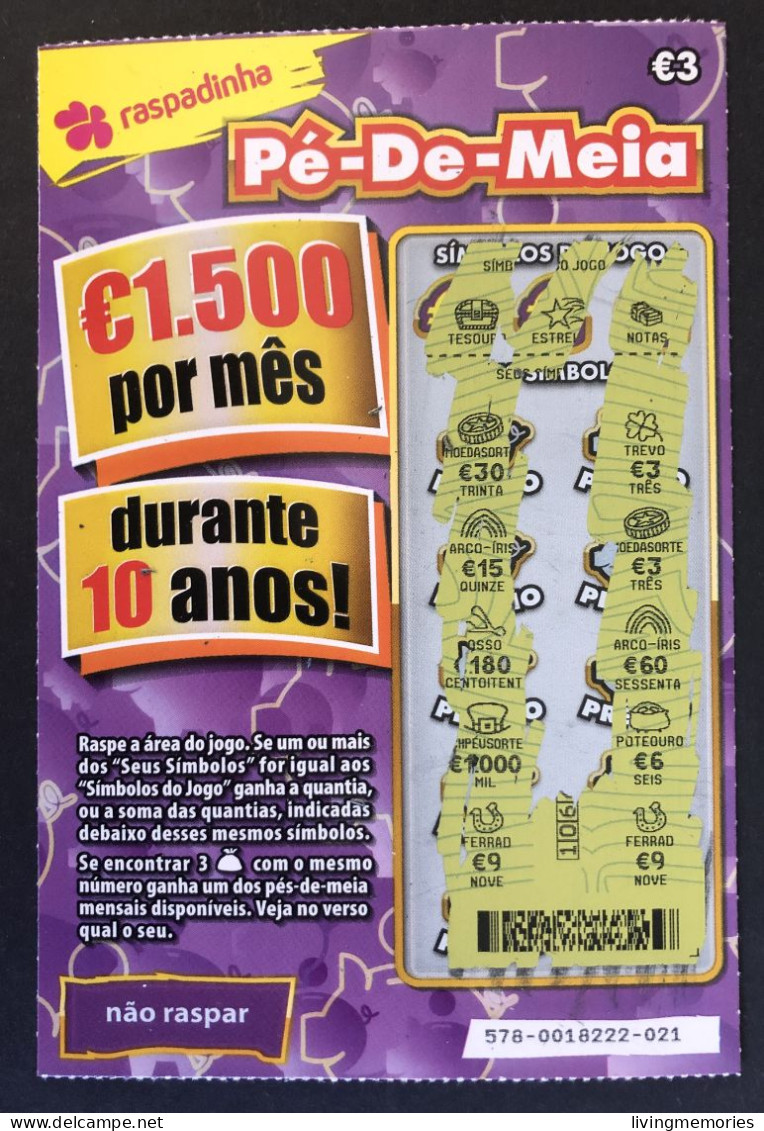 116 X, Lottery Tickets, Portugal, « Raspadinha », « Instant Lottery », « Pé-de-Meia », Nº 578 - Billets De Loterie