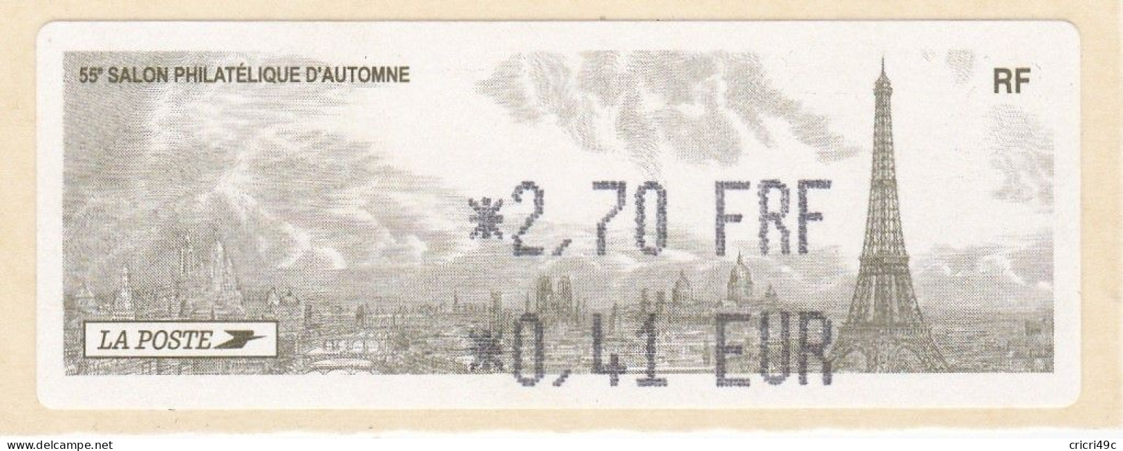 1 ATM LISA. 55è SALON PHILATHELIQUE D"AUTOMNE PARIS  2001. 2.70F  Neufs** - 2010-... Illustrated Franking Labels