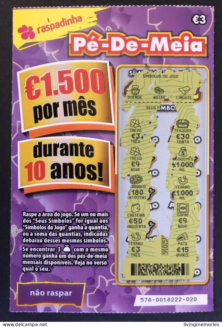 116 X, Lottery Tickets, Portugal, « Raspadinha », « Instant Lottery », « Pé-de-Meia », Nº 578 - Biglietti Della Lotteria