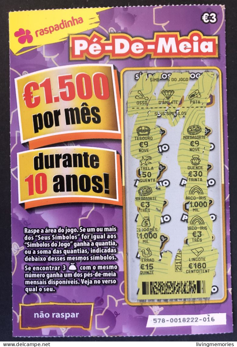 116 X, Lottery Tickets, Portugal, « Raspadinha », « Instant Lottery », « Pé-de-Meia », Nº 578 - Billets De Loterie