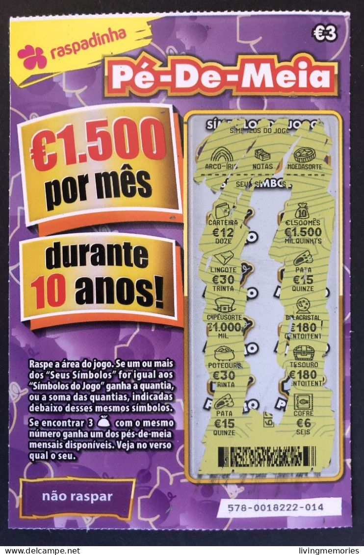 116 X, Lottery Tickets, Portugal, « Raspadinha », « Instant Lottery », « Pé-de-Meia », Nº 578 - Billets De Loterie