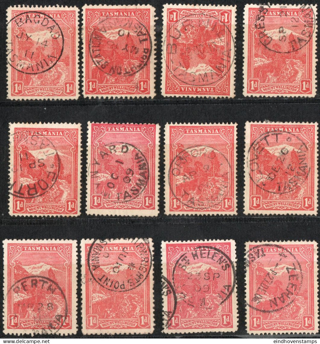 Tasmania 1905 1p 12x Cancelled Shades, Printings & Cancels: Bagdad, Brighton Station, Burnie, Lovett, Zeehan Etc - Used Stamps