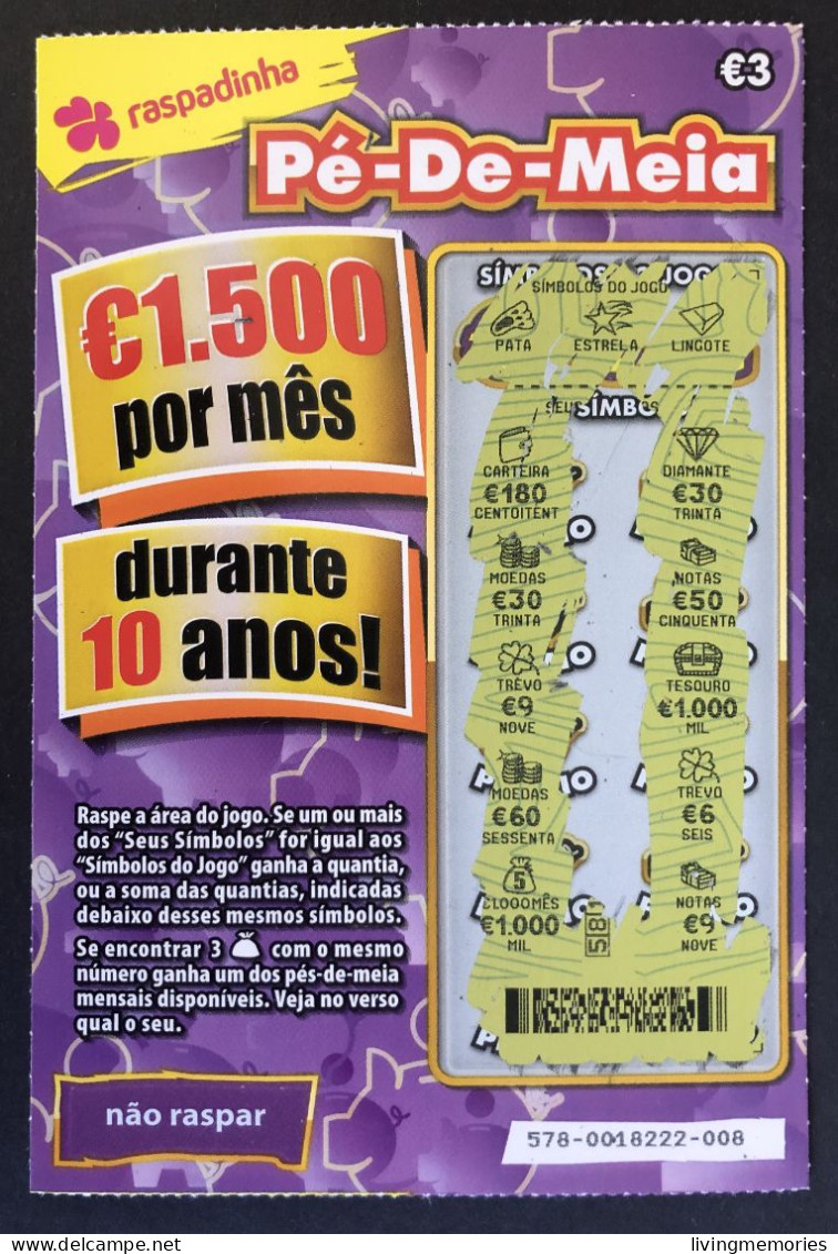 116 X, Lottery Tickets, Portugal, « Raspadinha », « Instant Lottery », « Pé-de-Meia », Nº 578 - Billets De Loterie