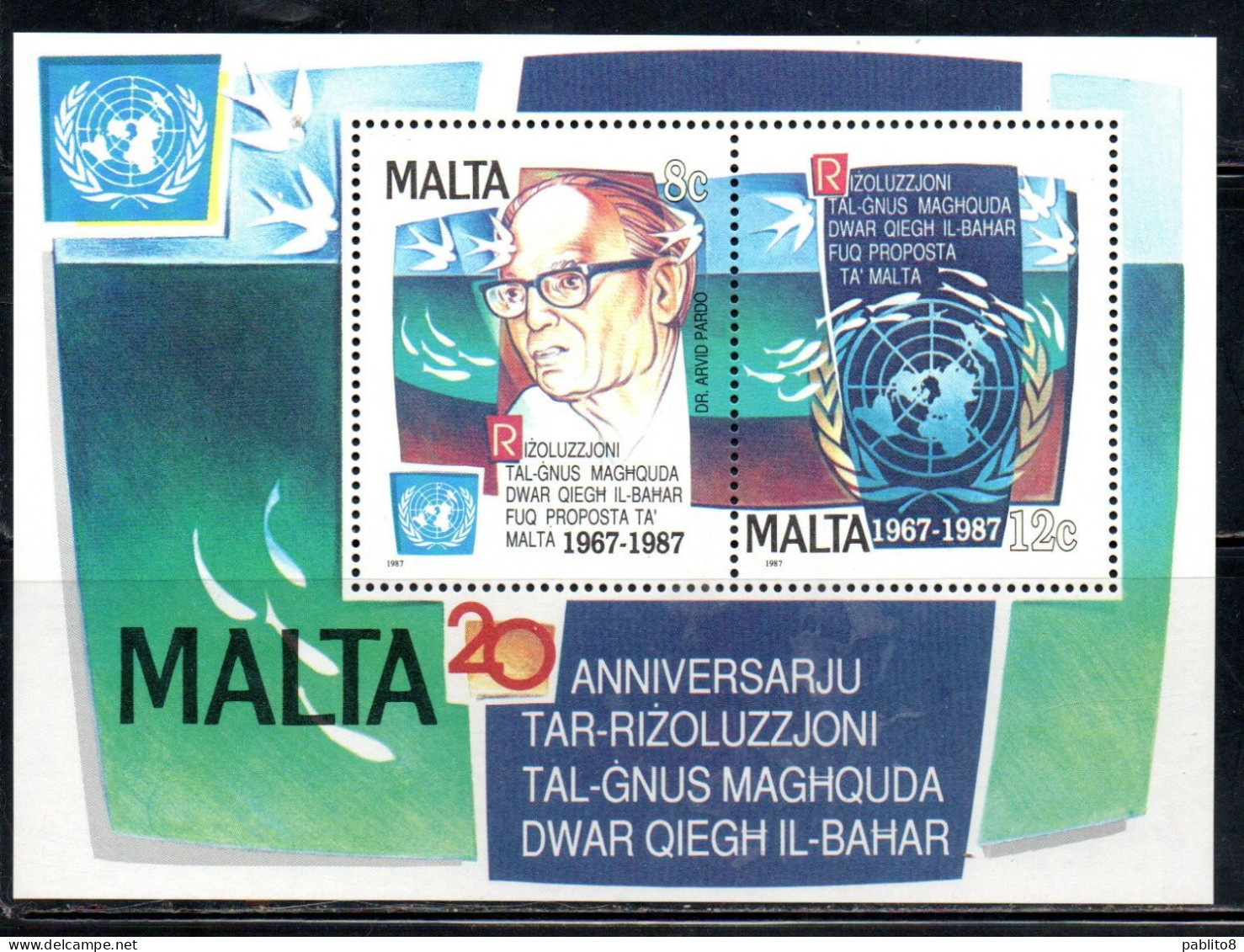 MALTA 1987 UN RESOLUTION FOR PEACEFUL USE OF TEH OCEAN ONU UNO RISOLUZIONE  BLOCK SHEET BLOCCO FOGLIETTO MNH - Malta