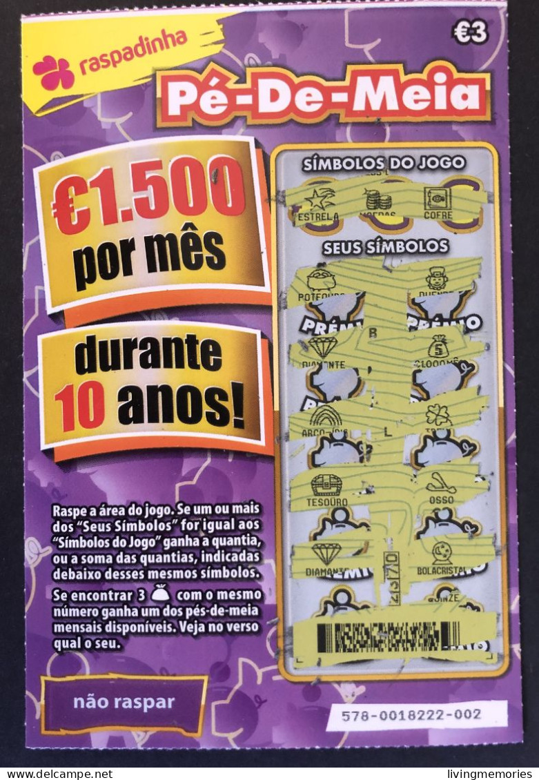 116 X, Lottery Tickets, Portugal, « Raspadinha », « Instant Lottery », « Pé-de-Meia », Nº 578 - Billets De Loterie