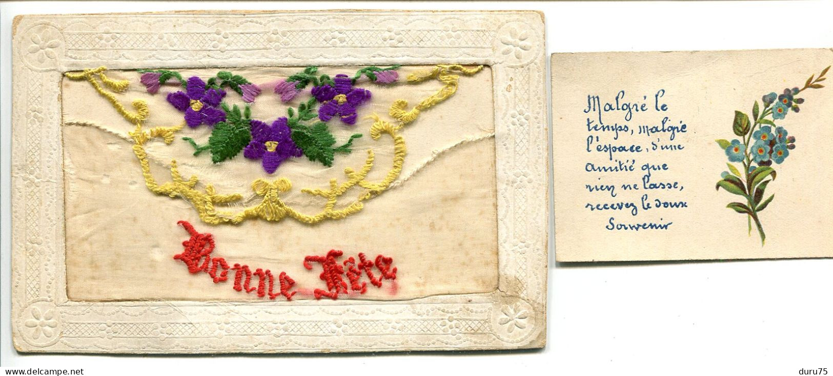 CPA Brodée Ecrite 1919 * BONNE FÊTE Fleurs Violettes Faisant Pochette Avec Petite Carte * En L'état Déchirures / Accrocs - Ricamate